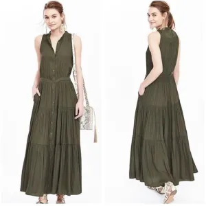 🆕 NWT Olive Green Maxi Dress Tiered Flowing Loose Bottom Skirt Button Down Top