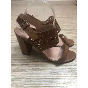 1307 Kate Spade Imani laser cutout logo heels sandals BROWN sz 8 *worn (see pics