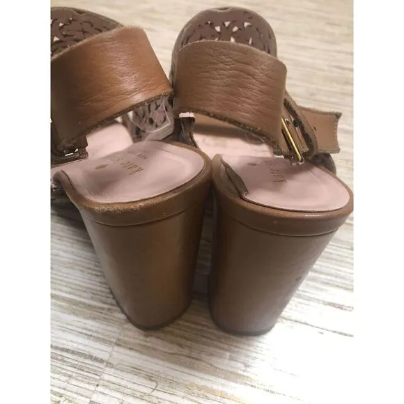 1307 Kate Spade Imani laser cutout logo heels sandals BROWN sz 8 *worn (see pics
