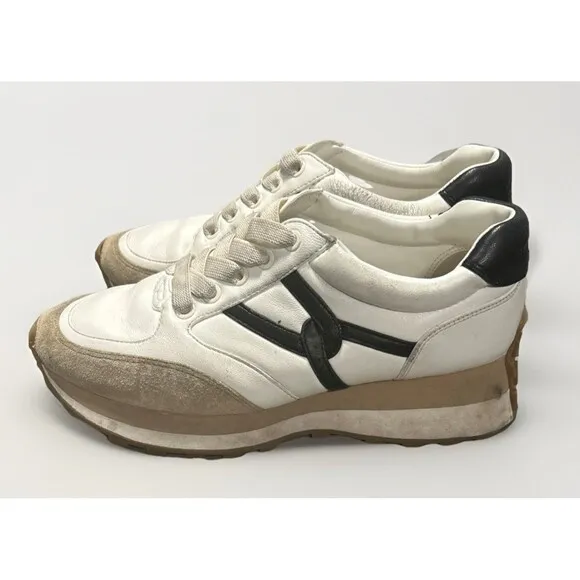 $295 VERONICA BEARD Valentina Leather Suede Sneakers Shoes White Black 7 M Read