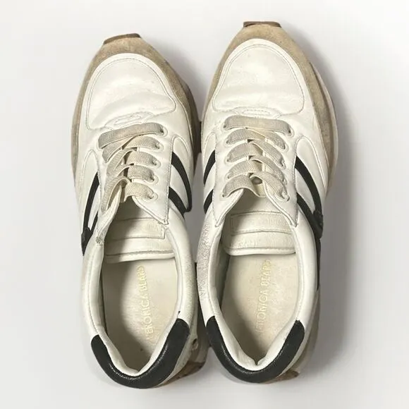 $295 VERONICA BEARD Valentina Leather Suede Sneakers Shoes White Black 7 M Read