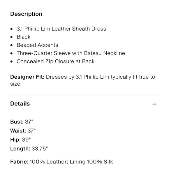 3.1 Phillip Lim Size M US 6 Leather Beaded Dress