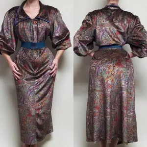 70s Vintage Komar Multi-color Paisley Velvet Dagger Collar Lantern Sleeve Dress