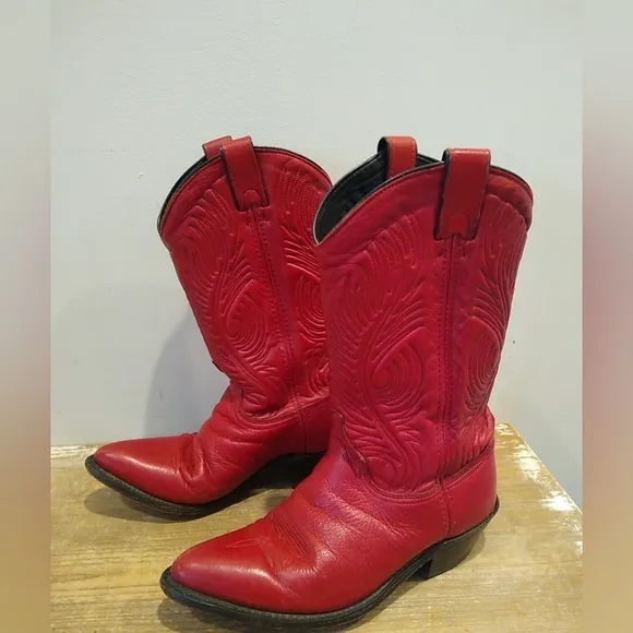 Abilene Red Leather Cowboy Boots Women's 6.5 M Western Embroidered Made In USA