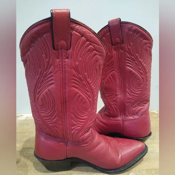 Abilene Red Leather Cowboy Boots Women's 6.5 M Western Embroidered Made In USA