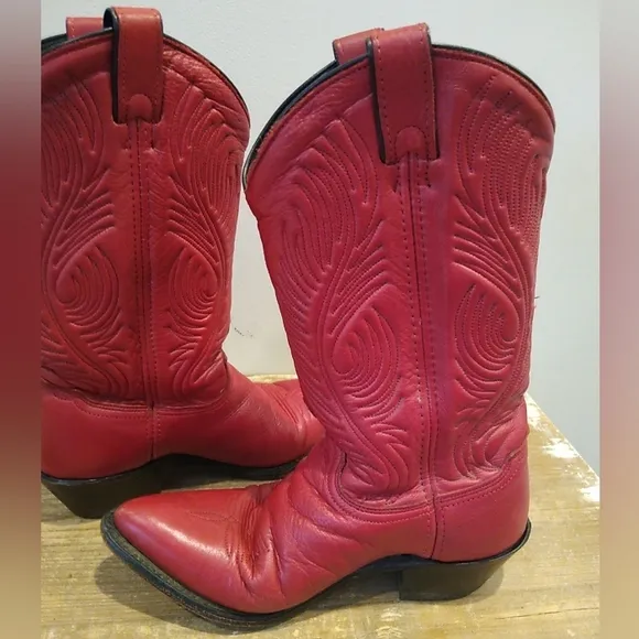 Abilene Red Leather Cowboy Boots Women's 6.5 M Western Embroidered Made In USA