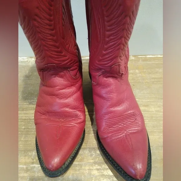 Abilene Red Leather Cowboy Boots Women's 6.5 M Western Embroidered Made In USA