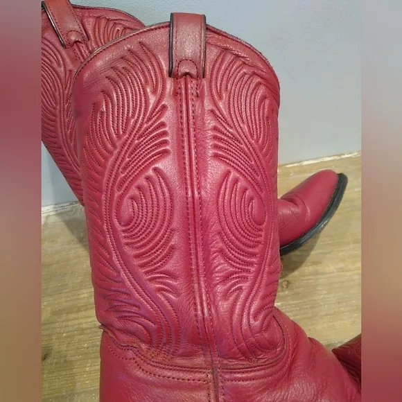 Abilene Red Leather Cowboy Boots Women's 6.5 M Western Embroidered Made In USA