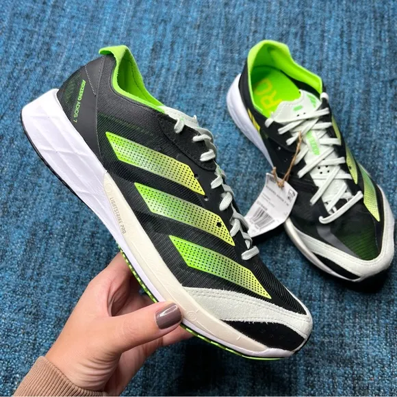 Adidas Adizero Adios 7 Running Shoes in Black Solar Green NWT