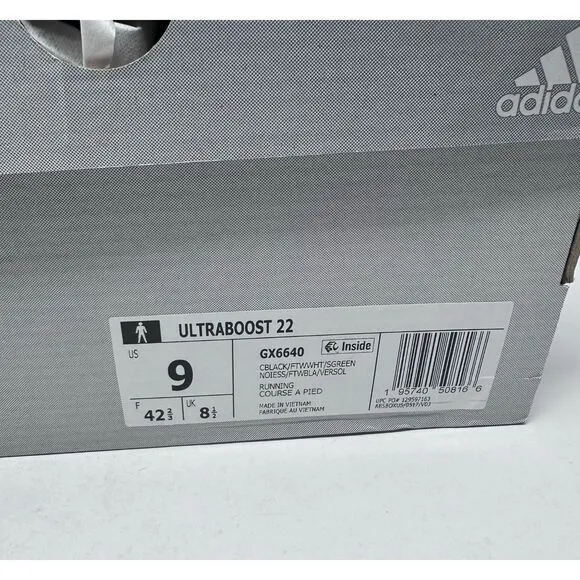Adidas Men's 9 UltraBoost 22 Running Shoes Black / White / Green GX6640 NEW