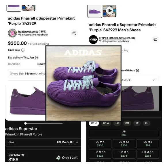 ADIDAS Superstar Primeknit x Pharrell Purple Human Race Shoes Men's 9 SKUS42929