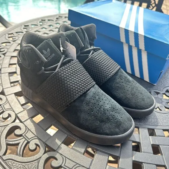 Adidas Tubular Invader Strap J Kid's Athletic Shoes Triple Black BA7330 Size 6