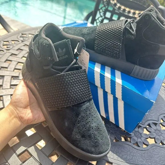 Adidas Tubular Invader Strap J Kid's Athletic Shoes Triple Black BA7330 Size 6