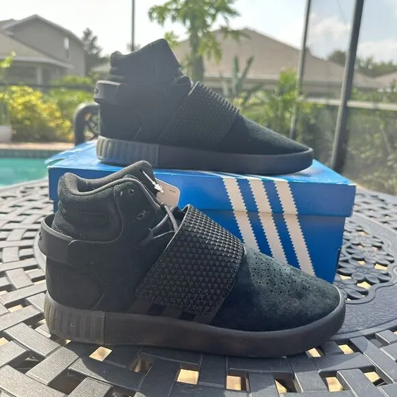 Adidas Tubular Invader Strap J Kid's Athletic Shoes Triple Black BA7330 Size 6