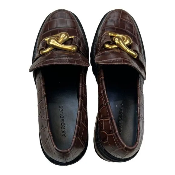 Aerosoles Women's Croc Print Lilia Leather Block Heel Loafer Shoes Brown Size 9M
