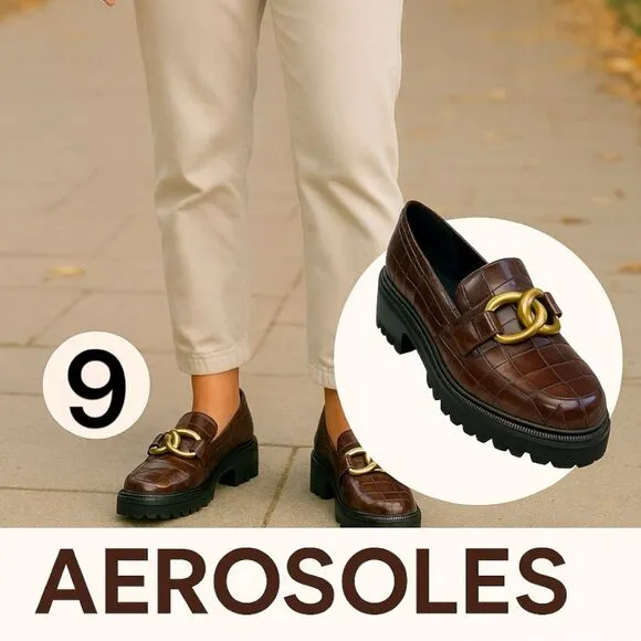 Aerosoles Women's Croc Print Lilia Leather Block Heel Loafer Shoes Brown Size 9M