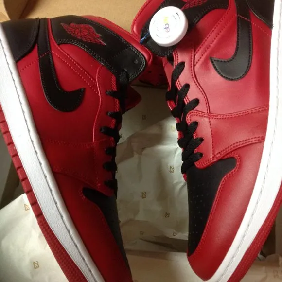Air Jordan 1 Mid Men's Red &amp; Black Leather Sneakers - USA Size:11.5 - New in Box