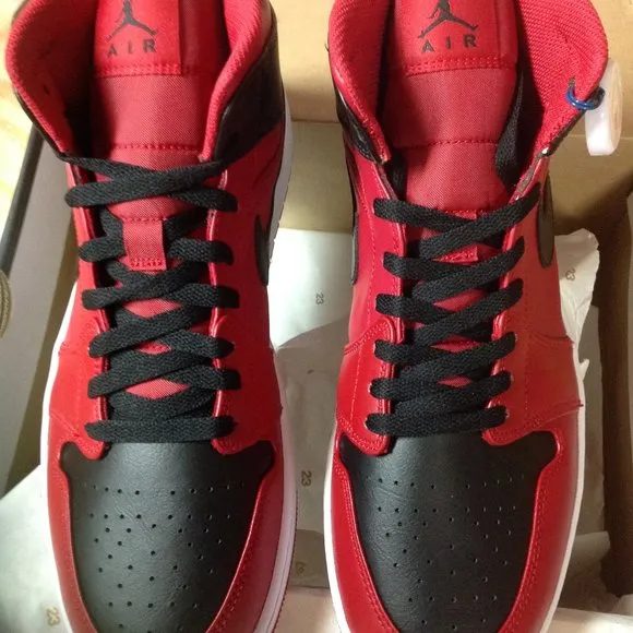 Air Jordan 1 Mid Men's Red &amp; Black Leather Sneakers - USA Size:11.5 - New in Box