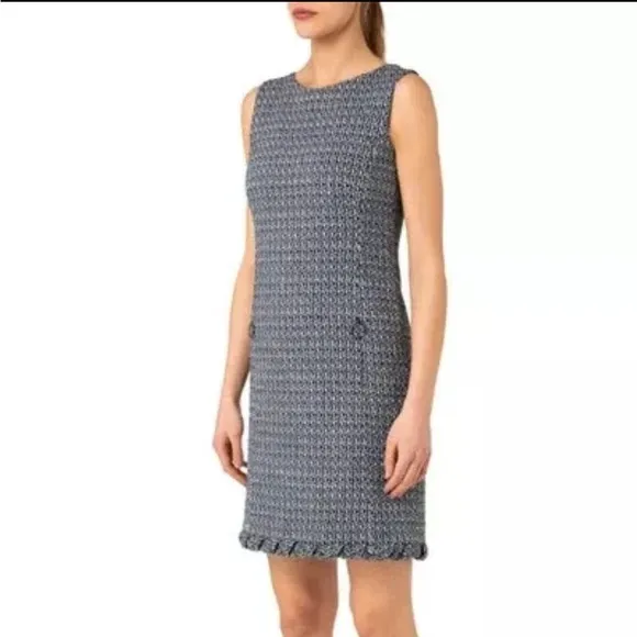 Akris Punto Sleeveless Denim Tweed Shift Dress In Denim Sky Size 8 NWOT