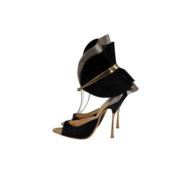 Alberto Moretti Womens Sandals EU 39 US 9 Open Toe Black Silver Gold Heels