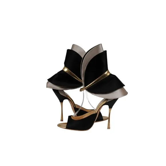 Alberto Moretti Womens Sandals EU 39 US 9 Open Toe Black Silver Gold Heels