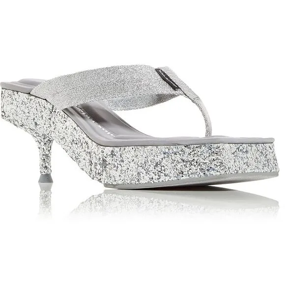 Alexander Wang Womens Jessie Silver Metallic Glitter Slide Heels Sandals NWOB