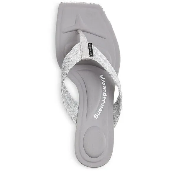 Alexander Wang Womens Jessie Silver Metallic Glitter Slide Heels Sandals NWOB
