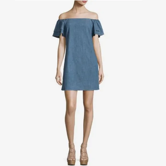 ALICE   OLIVIA | TULA CLOSET STAPLE CHAMBRAY MINI DRESS in MEDIUM WASH | SIZE S