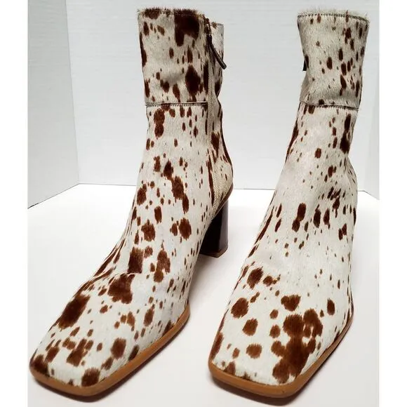 Alohas Boots Cow Calf Hair 11.5US EU42 Animal Print Heel Side Zip Cream/ Brown