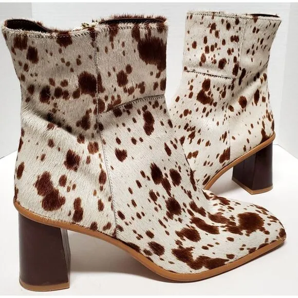 Alohas Boots Cow Calf Hair 11.5US EU42 Animal Print Heel Side Zip Cream/ Brown