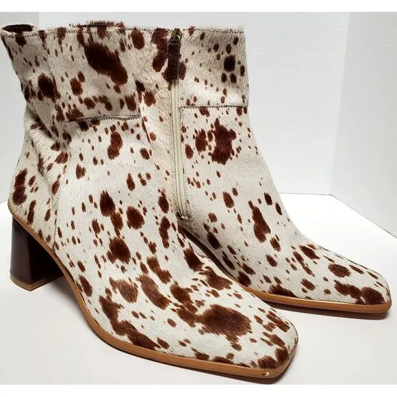 Alohas Boots Cow Calf Hair 11.5US EU42 Animal Print Heel Side Zip Cream/ Brown