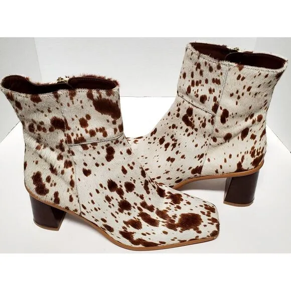 Alohas Boots Cow Calf Hair 11.5US EU42 Animal Print Heel Side Zip Cream/ Brown
