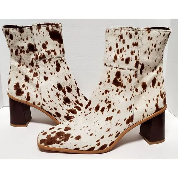 Alohas Boots Cow Calf Hair 11.5US EU42 Animal Print Heel Side Zip Cream/ Brown