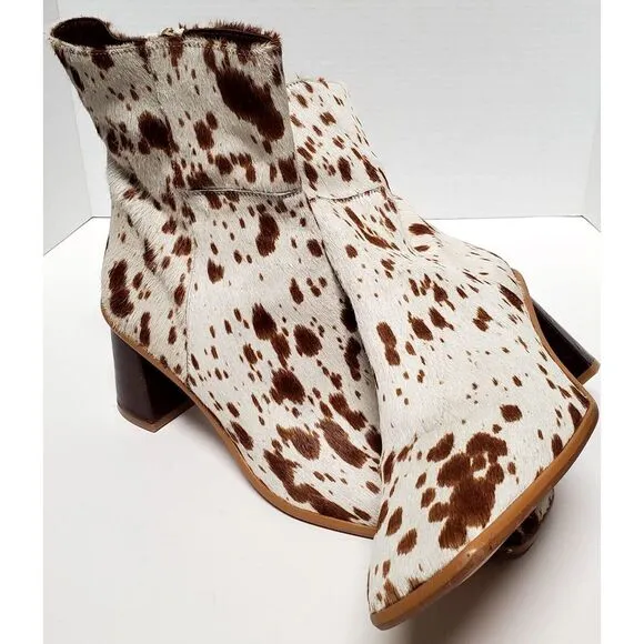 Alohas Boots Cow Calf Hair 11.5US EU42 Animal Print Heel Side Zip Cream/ Brown