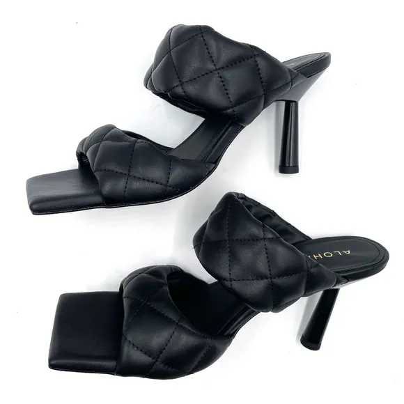 Alohas Conner Sandals Black Leather Quilted Heels Square Toe