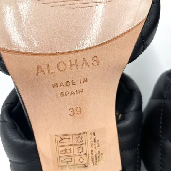 Alohas Conner Sandals Black Leather Quilted Heels Square Toe
