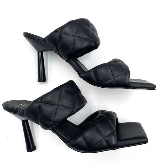 Alohas Conner Sandals Black Leather Quilted Heels Square Toe