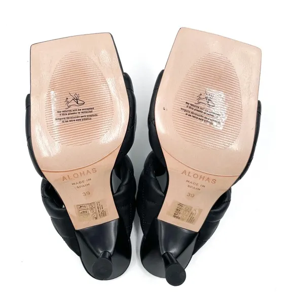 Alohas Conner Sandals Black Leather Quilted Heels Square Toe