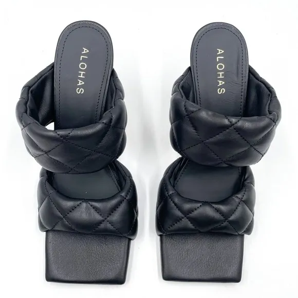 Alohas Conner Sandals Black Leather Quilted Heels Square Toe