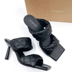 Alohas Conner Sandals Black Leather Quilted Heels Square Toe