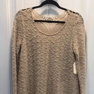 Altar’d State Tan Sweater Dress with Lace Details and Ruffle Hem. Size Small.