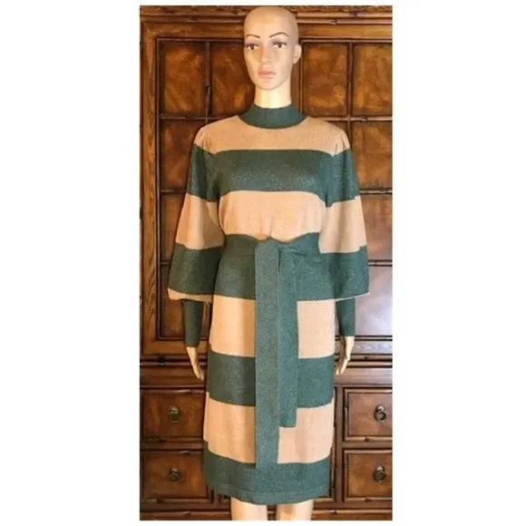 Ann Taylor XXS, XS Sweater Dress Striped Turtleneck Beige Green NWT $150