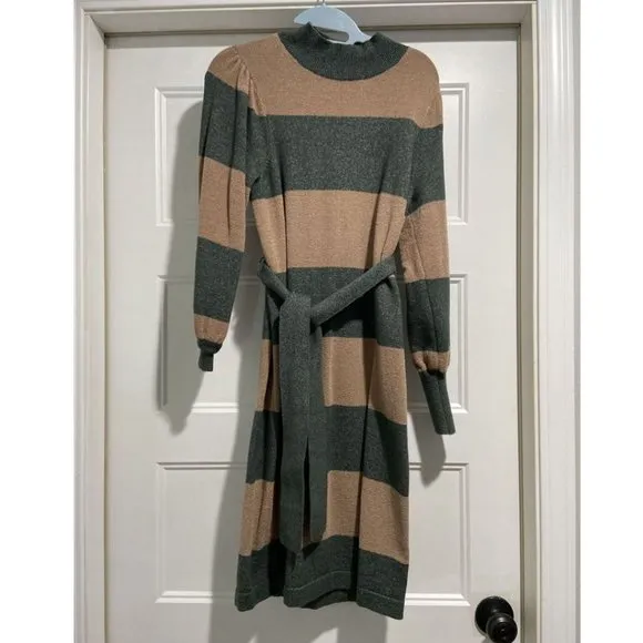 Ann Taylor XXS, XS Sweater Dress Striped Turtleneck Beige Green NWT $150
