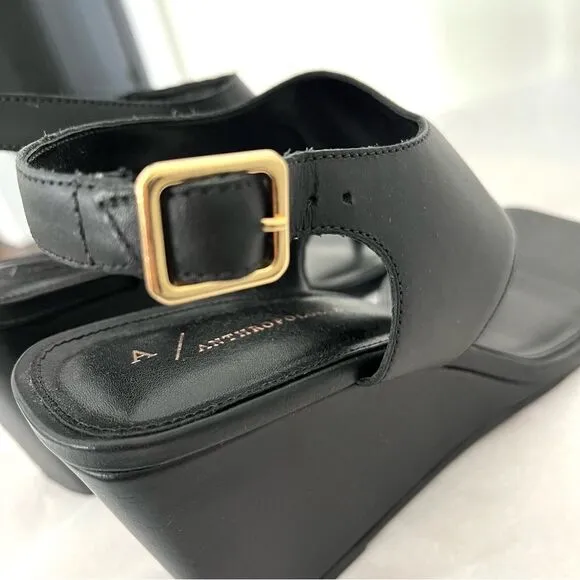 Anthropologie Black Leather Thong Style Wedge Heel Sandals Size 9 (40) NIB