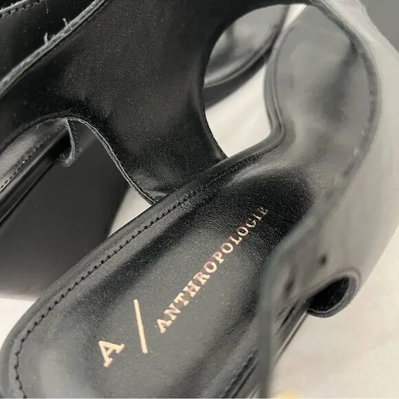 Anthropologie Black Leather Thong Style Wedge Heel Sandals Size 9 (40) NIB