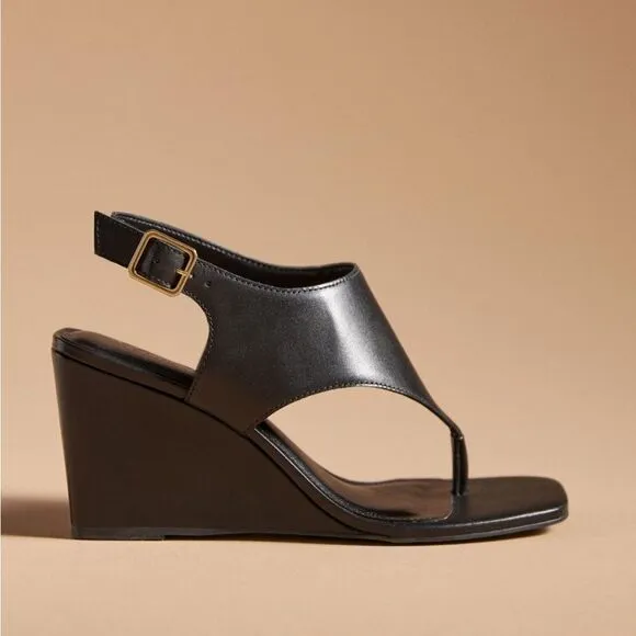 Anthropologie Black Leather Thong Style Wedge Heel Sandals Size 9 (40) NIB