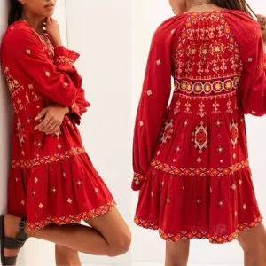Anthropologie Embroidered Tunic Dress In Red Size L