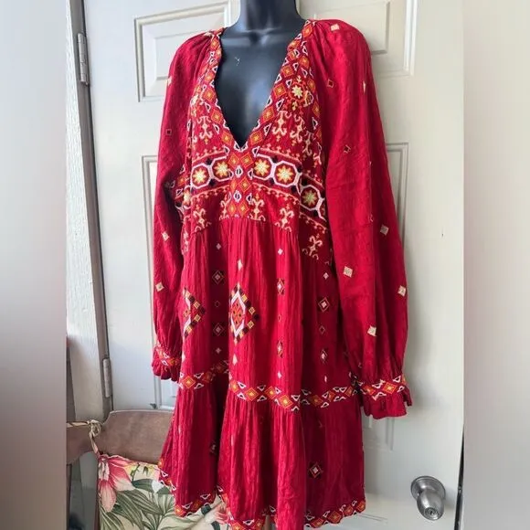 Anthropologie Embroidered Tunic Dress In Red Size L