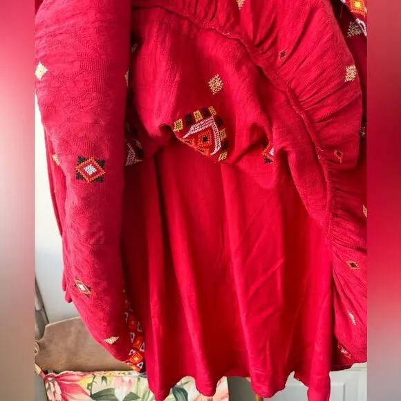 Anthropologie Embroidered Tunic Dress In Red Size L