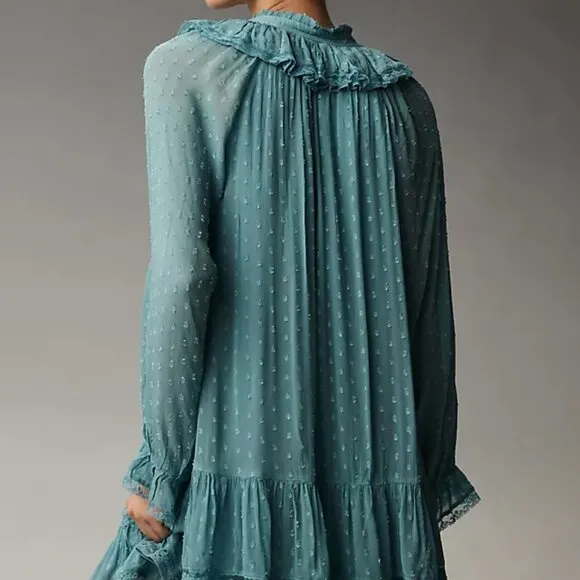 Anthropologie Long Sleeve‎ V-Neck Ruffled Mini Tunic Dress, Size XL
